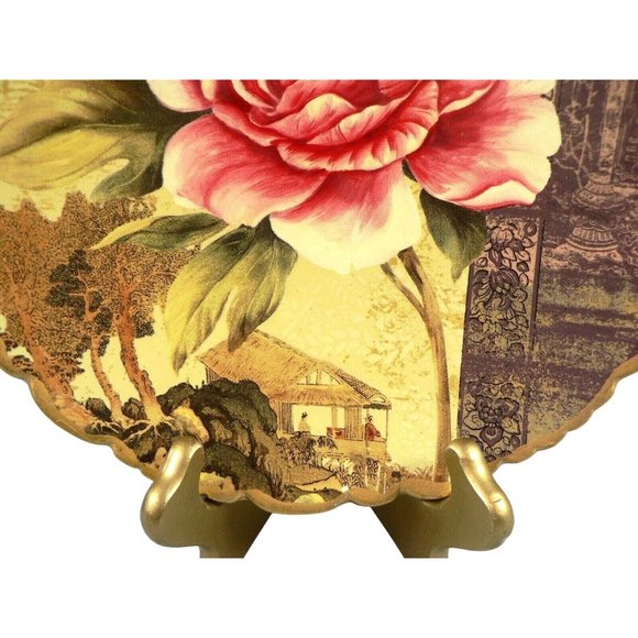 Asian Decorative Plate and Easel Rose Floral Scallop Edge - Picture 3 of 10